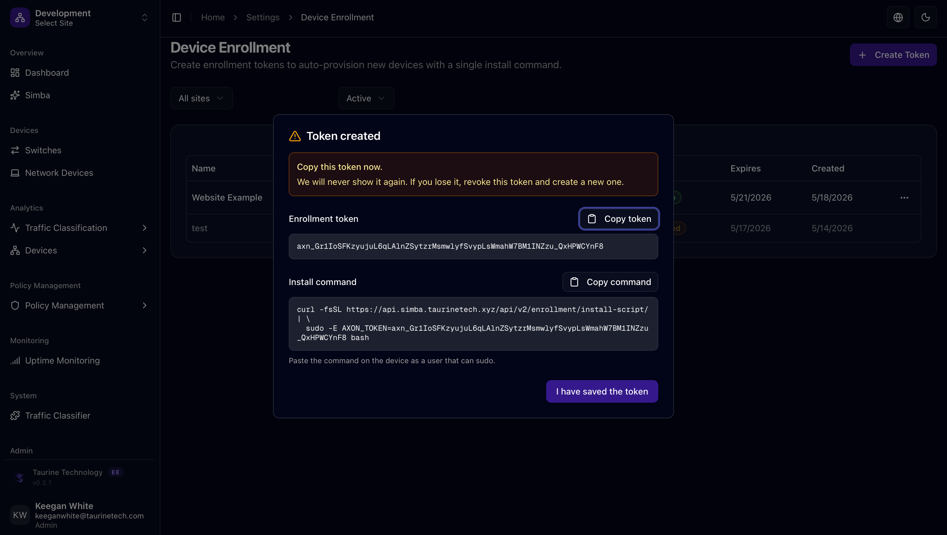 Axon Device Enrollment, token modal with one-line installer